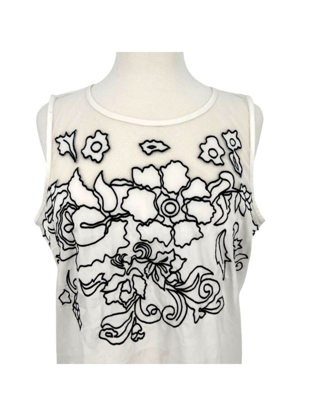 Worthington Floral Embroidered Mesh Upper Tank Top White Black Size Large NWT